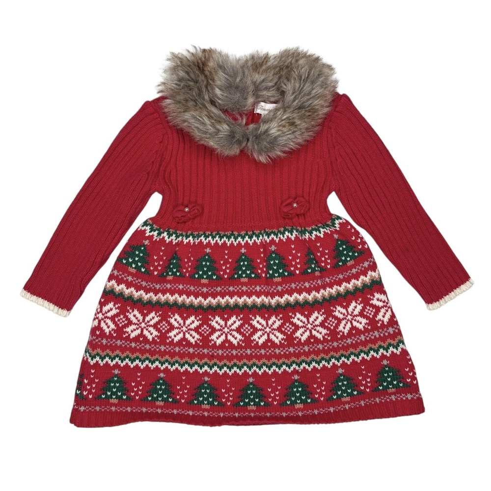 Tommy Bahama Baby Girl 6-9 Mo Christmas Holiday Sweater Dress Faux Fur Knit‎